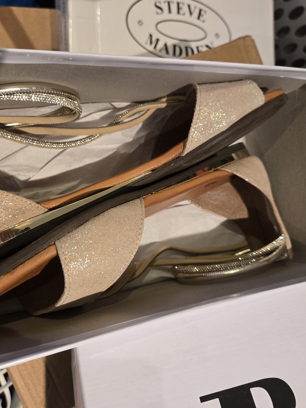 Steve Madden Champagne Glitter Flat Sandals with Gold Wrap Straps